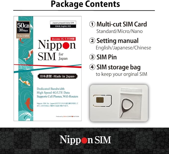 Japan SIM Card 30 Days Data Only | 50GB High-Speed 4G LTE + Unlimited Data at Reduced Speed | No Roaming Needed for Faster, Safer Access | Hotspot tethering Supported | Docomo Network | Made in Japan