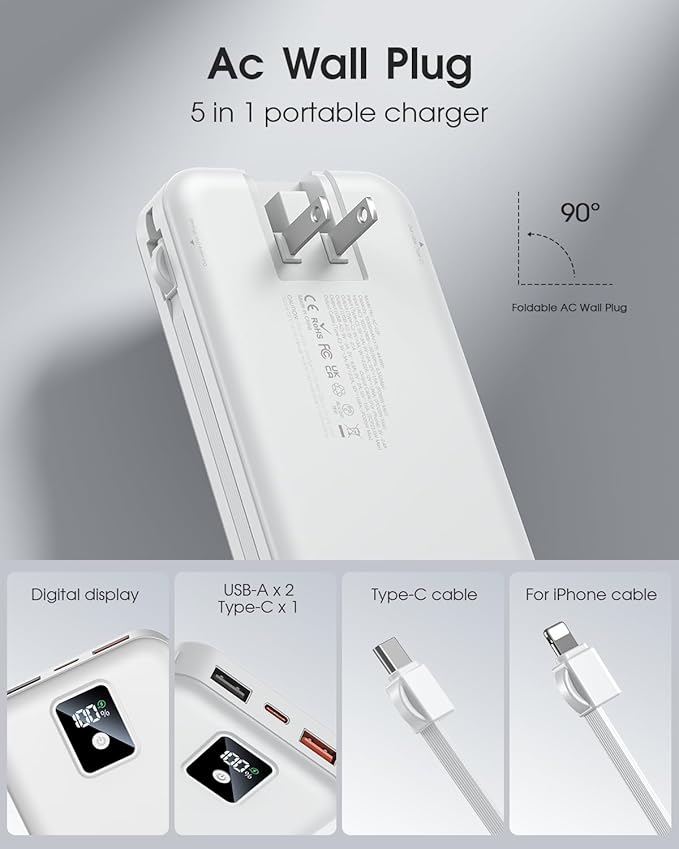 Portable Charger Built-in Cables and AC Wall Plug, 12000mAh power Bank, USB C 22.5W Fast charging Phone Charger ,Compact Lightweight External Battery Pack for iPhones, iPad, Samsung，Tablets, etc.