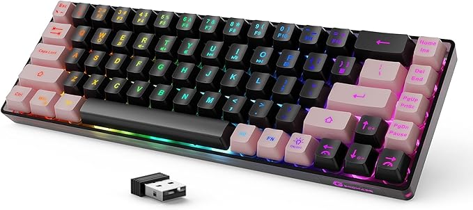 65% Wireless Gaming Keyboard, LED Backlit Gaming Keyboard, 68 Keys Ultra-Compact Anti-ghosting No-Conflict Wireless Keyboard for PC Laptop Windows Gamer(Black-Pink)