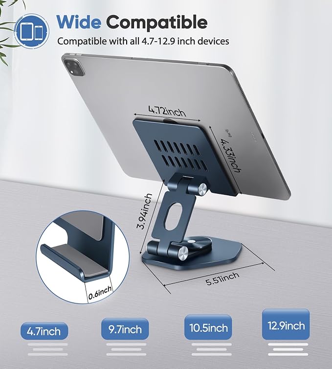 Foldable Aluminum Tablet Stand for Desk, 360° Swivel iPad & Tablet Holder – Portable & Stable Desktop Mount for 5–12.9in Devices, Dark Grey