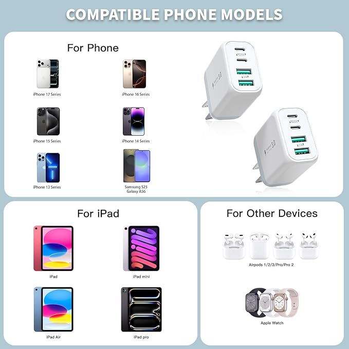 USB C Charger Fast Charging Block,2 Pack 40W PD 4 Port USB C Charger Block Dual Type C Power Adapter+Dual USB-A QC Wall Charging Plug Multiport Brick for iPhone 17/16/15/14/13/12/iPad Pro/Air/Airpods