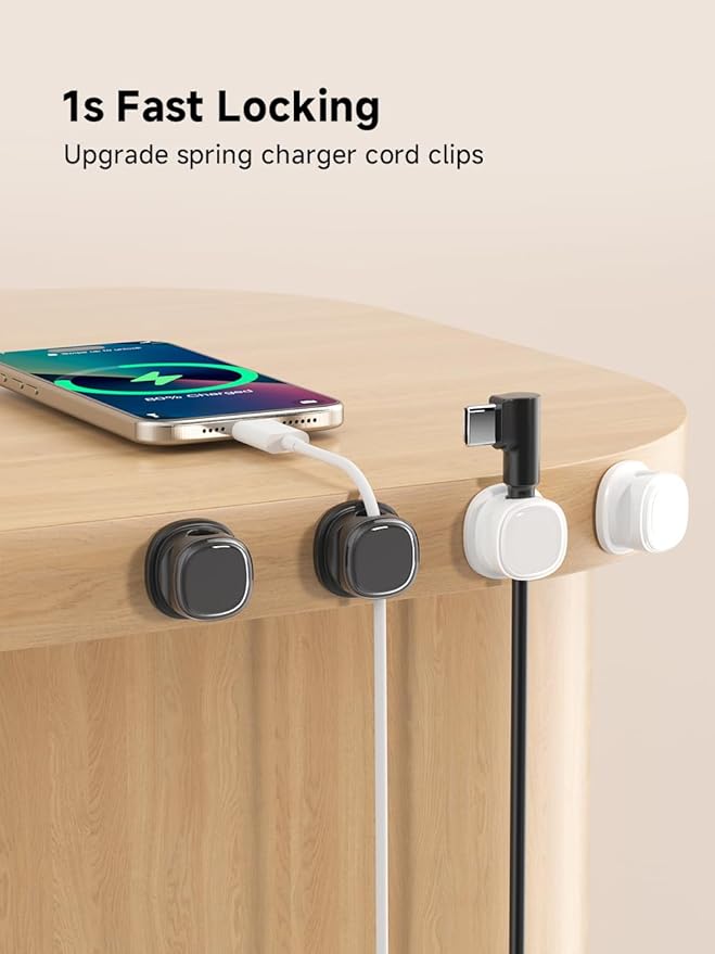 9 Pack Cord Organizer, Spring Cable Management, Adhesive Cute Cable Holder Clips, Phone Charger Wire Keeper for Desk Nightstand Car Office (9-Pack White_Black)