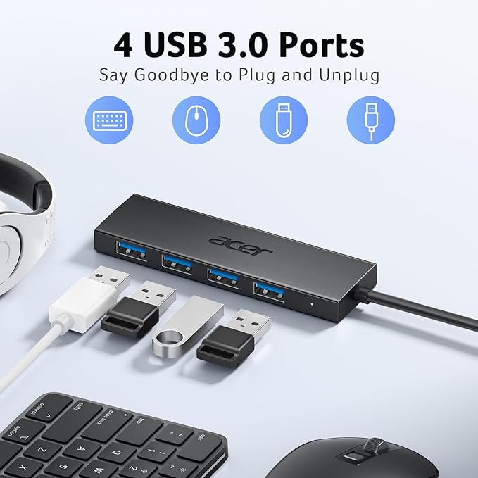 Acer USB C Hub 4 Ports, Multiple USB 3.0 Hub, USBC Splitter for Laptop with TypeC Power Port, Extender for Type C Port Laptop, PC, Desktop and More (USB-C, 0.7ft)