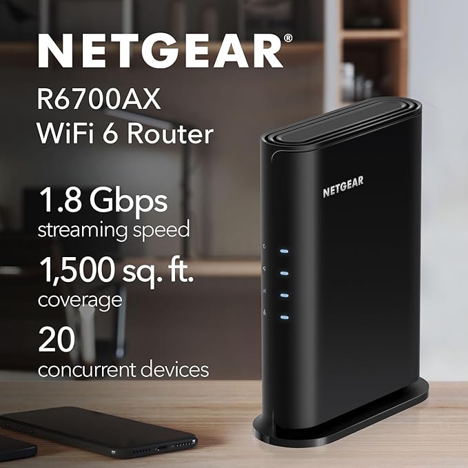 NETGEAR 4-Stream WiFi 6 Router (R6700AX) – Security Features, AX1800 Wireless Speed (Up to 1.8 Gbps), Covers up to 1,500 sq. ft., 20 Devices – Free Expert Help