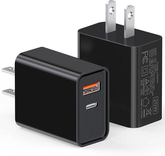 20W USB C Wall Charger for iPhone 17/16/15/14/13/13 Mini/13 Pro Max/12/12 Pro/12 Pro Max Cube, 2 Pack Dual Port Fast Charging Brick Block Plug Box Base Adapter for iPad, iPod, Watch Series 8 7, Black