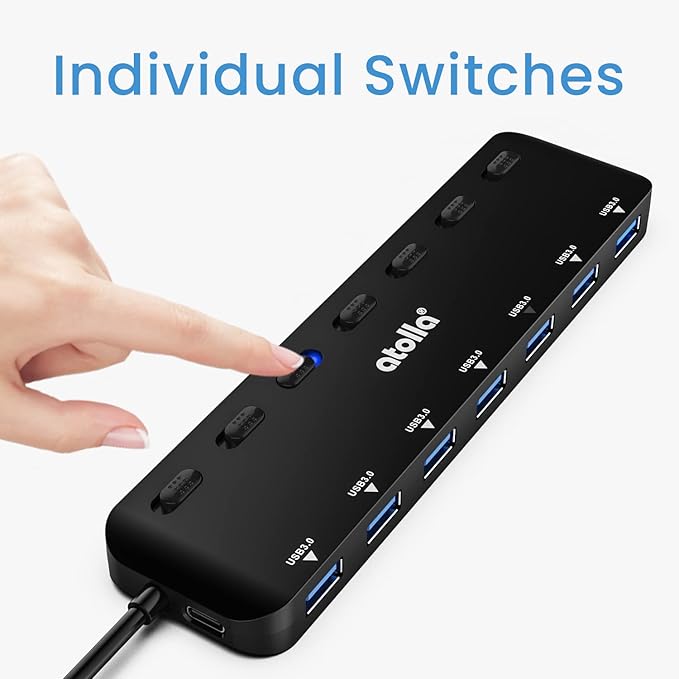 atolla USB 3.0 hub, 7 ports, Multi USB 3.0, SuperSpeed 5 Gbit/s, USB adapter with 7 switches and individual indicators, compatible with Windows, Mac OS, Linux and other operating systems