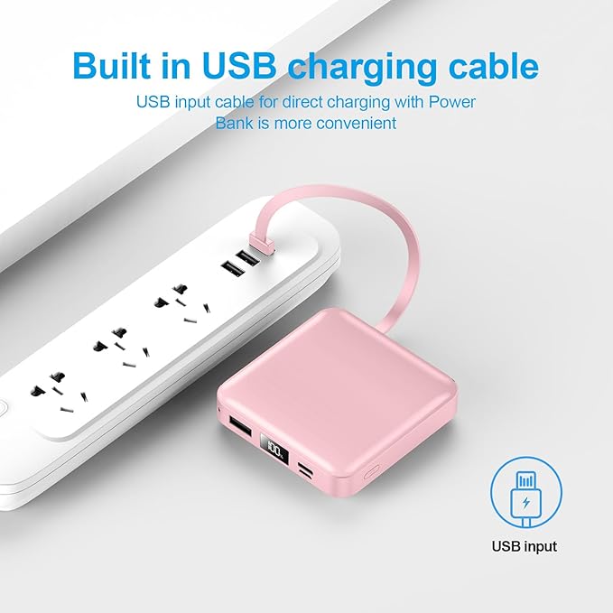 Portable Charger with Built-in Cable,12000mAh 22.5W Fast Charging Small Power Bank,USB C Input/Output with Smart LED Display,External Battery Pack for iPhone,Tablet,Samsung