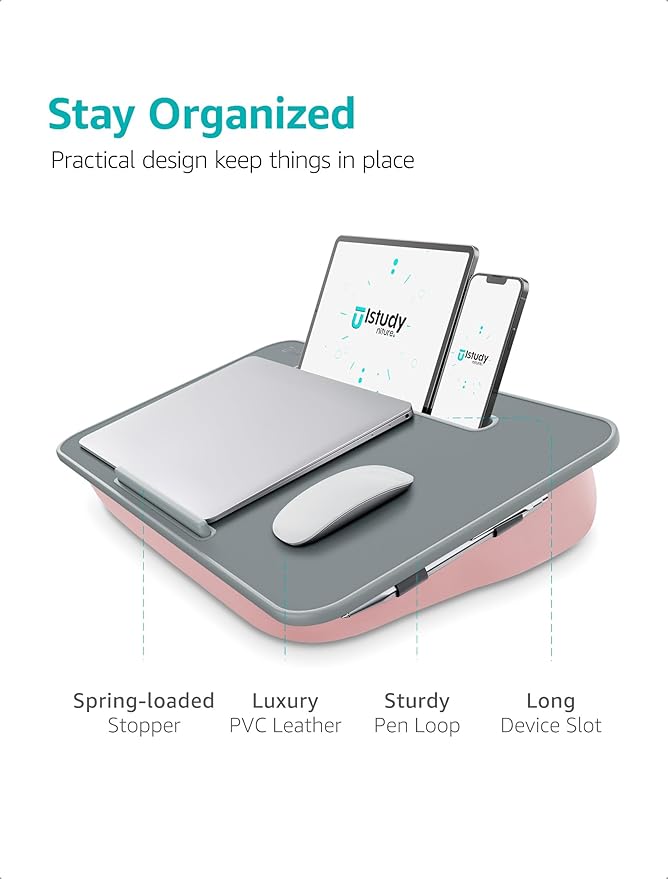 Istudyniture Lap Desk | Portable Laptop Desk & Stand – Fits Up to 17 inch – Washable Cushion, Built-in Phone Holder – for Bed, Couch, Sofa, Floor – Writing, Reading, Home Office – Large, Pink
