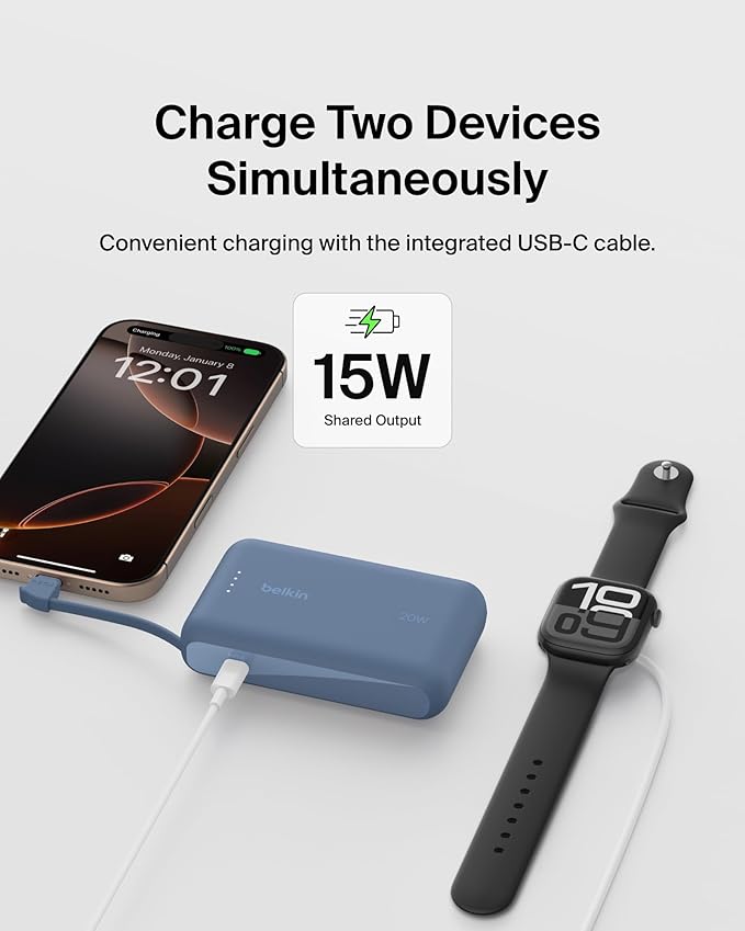 Belkin Portable Charger, Portable Power Bank with Integrated Cable 10000 mAh 20W - Fast Charge USB C Power Delivery, iPhone Charger - iPhone 17, Air, Pro, Pro Max, iPad, Galaxy S25, & More - Blue