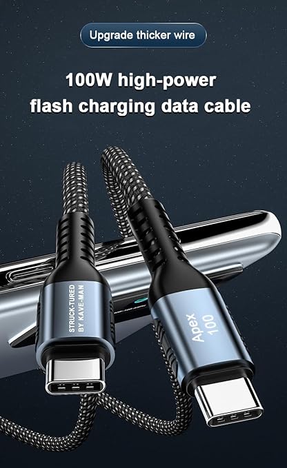 100W USB C to USB C Fast Charging Cable | PD 3.0 C to C Charger Cord with E-Marker Chip | Durable Nylon Braided 6 ft | Kave-Series Apex 100