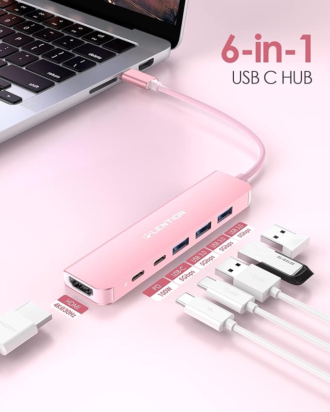 LENTION USB C Hub, Multiport with 4K HDMI Port, 3xUSB-A Ports, USB-C Data Port, 100W PD Port, Compatible New MacBook Pro/Air, iPhone 15 Pro/Pro Max, Surface, Chromebook, More(CE35s, Rose Gold)