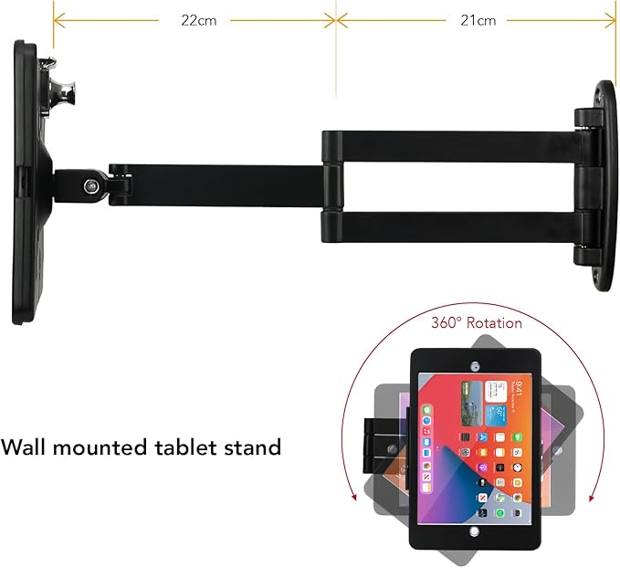 Tablet Wall Mount Bracket with fold for iPad 10.2-Inch (9th,8th,7th Gen.), Extend Adjustable Arm Swivel with Anti Theft Security Lock and Key, Multi Angle, Rotate Design,Metal (Black)