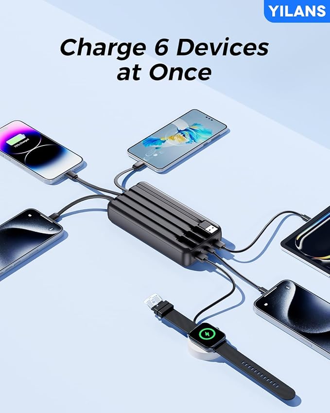 Portable Charger,42800mAh Power Bank Built-in Cable,22.5W PD USB C in & Out Fast Charging, External Battery Pack 6 Output & 2 Input, Travel Phone Charger for iPhone 17/16/15/14/13/12, Android (Black)