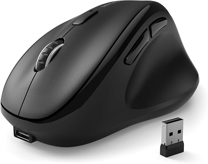 Bluetooth Wireless Mouse Ergonomic Vertical for Laptop Computer Macbook iPad Tablet Rechargeable Silent Click USB Carpal Tunnel Right Hand Compatible with Windows iOS Mac OS Android Black