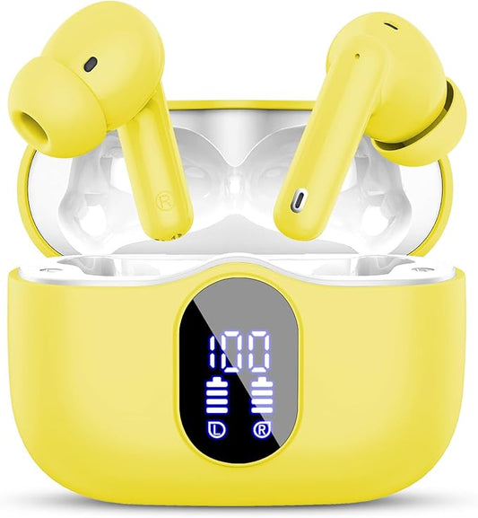 Wireless Earbuds, Bluetooth 5.4 Headphones Bass Stereo, Ear Buds with Noise Cancelling Mic, LED Display in Ear Earphones Clear Calls, IP7 Waterproof Bluetooth Earbuds for Laptop/Phones/Sports, Yellow