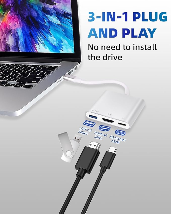 USB C Hub, 4K USB C to HDMI Adapter Multiport AV Converter with 100W PD Output C Port & USBA 3.0 Port Compatible for MacBook Pro/Air, iPad, Tablets, Switch, TV, Monitor and More