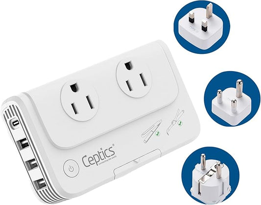 Ceptics South Africa Voltage Converter - 200W Convert 220V to 110V for Devices Like Curling Iron, Straightener, Chargers, Step Down World Power Plug 4 USB PD 18W Fast Charging Type M, G, E/F