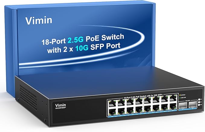 16 Port 2.5G PoE Switch Unmanaged with 2X 10Gbps SFP, VIMIN 16x 2.5G Base-T PoE Ports, 10G SFP PoE Switch w/ 120Gbps Ethernet Switching Capacity, IEEE802.3af/at, 250W, VLAN, Metal Housing, Fanless