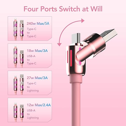 MFish 240W 4-in-1 Universal USB Charging Cable [2 Pack, 6.6ft] – Fast Charger Cord with USB-A, Dual USB-C & Lighting, for iPhone 14/15/16/17 Series, iPad & MacBook & More (2PACK, Pink+White, 6.6Ft)