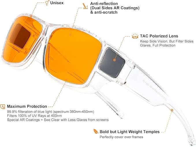 CAXMAN 99.9% Blue Light Glasses Sleep Glasses Orange Tinted Lens for Good Sleep Fit Over Glasses Fully Covered Your Eyes