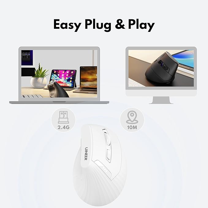 Uineer Vertical Mouse Wireless, 2.4G Rechargeable Mouse with Battery Indicator,4 Level DPI,Ergonomic Design for Comfort and Reduced Wrist Strain, Ideal for Home,Office Use (White)