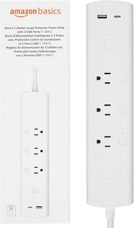 Amazon Basics Smart Plug Power Strip with 3 Individually Controlled Outlets and 2 USB Ports (1 USB-A and 1 USB-C), Works with Alexa Only, 2.4 GHz Wi-Fi, No Hub Required, White