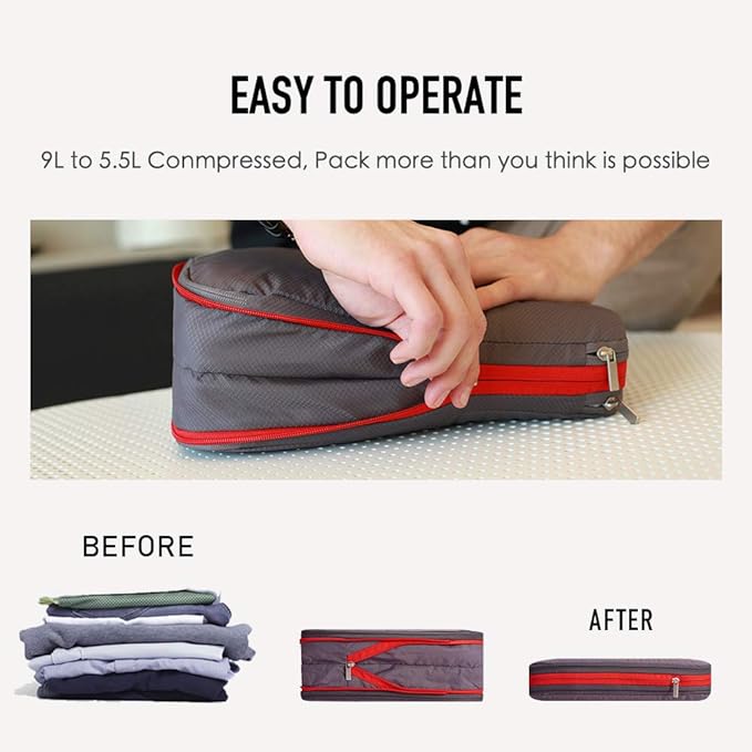 Bee Nesting Waterproof Compression Packing Cubes 5/6/8 sets, Large Travel Packing organizers for Carry on Luggage, 2 Sides Expandable Storage Bags (Black Red, 9L)