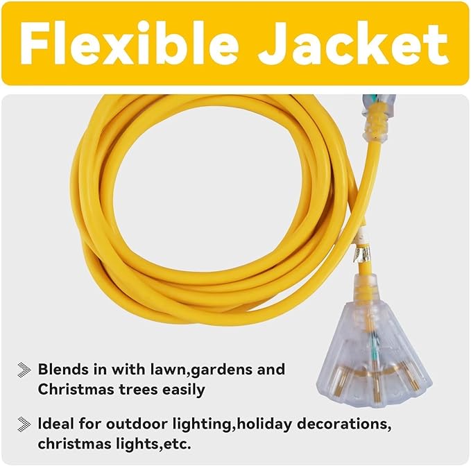 EP 2 Pack 50 Ft 12 Gauge Heavy Duty Extension Cord, 15A 125V 1875W, 3 Outlet Indoor/Outdoor Power Cord with Lighted End, 12/3 SJTW Weatherproof Yellow, UL Listed
