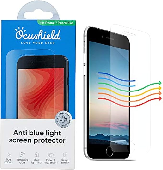 Ocushield Anti Blue Light Tempered Glass Screen Protector for iPhone 7 Plus | iPhone 8 Plus - Protect Your Eyes, Reduce Migraines & Improve Sleep