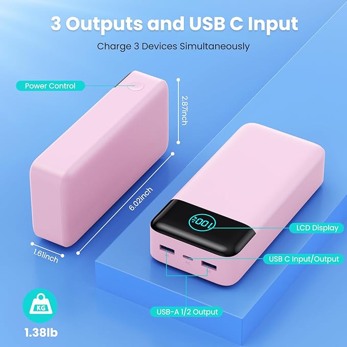 Portable Charger 50800mAh Power Bank,25W PD QC 4.0 USB C Fast Charging External Battery Pack,Travel Outdoor Essentials Portable Cell phone Charger Compatible with iPhone 17/16/15/14/13,Android-Pink