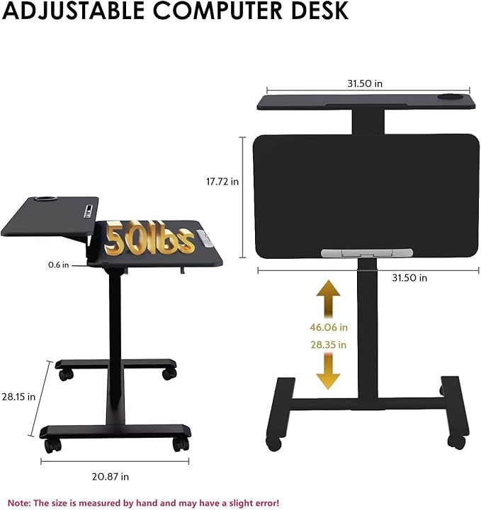 Pneumatic Standing Desk with Wheels - Adjustable Height 28" - 46" & 0-90° Tilt, 31.5" x 17.7" Skin-Feel Desktop, Rolling Computer Desk for Home Office, Hospital, School (Black)