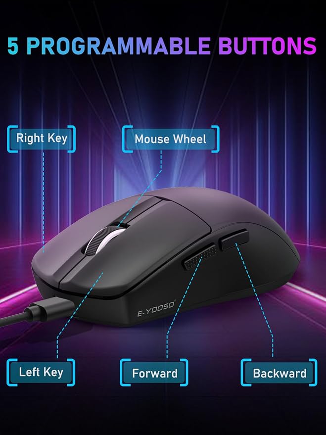 E-YOOSO Lightweight Wireless Gaming Mouse, Tri-Modes Wireless Esports Mouse with 5 Programmable Buttons, 4000 DPI, Long Battery Life, Ultra-Thin Ergonomic Design for PC & Mac Gamers (Black)