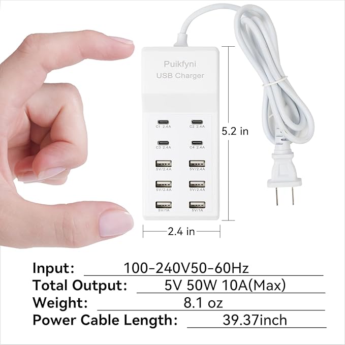 Portable USB C Charging Station,USB-C 4-Ports, USB Charging hub 10-Ports/USB c Charger Block for Multiple Devices Phones Tablet Smartwatch Headphones Speakers (USB-4C+6A)