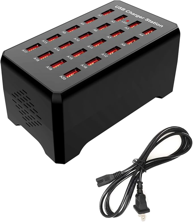 MaxLax 20-Port USB Charger Station, 100W/20A, Compatible with Smartphones, Tablets, and Other USB Devices