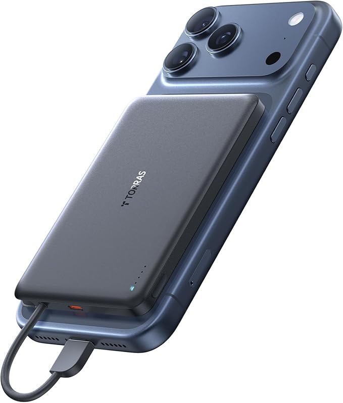 TORRAS Power Bank with Built-in USB-C Cable, Ultra-Slim 10,000mAh Portable Charger USB C, 22.5W Fast Charging Battery Pack for iPhone 16/15/Samsung S24 Ultra/Android, Glacier Grey (No-Wireless)