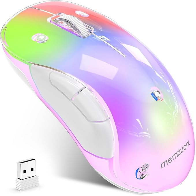 memzuoix 2.4G LED Wireless Mouse, Rechargeable Ergonomic Mouse with Detachable Cover, 1200 DPI Portable Optical Computer Mouse with USB Receiver for Laptop, PC, Desktop and MacBook, 5 Buttons-Pink