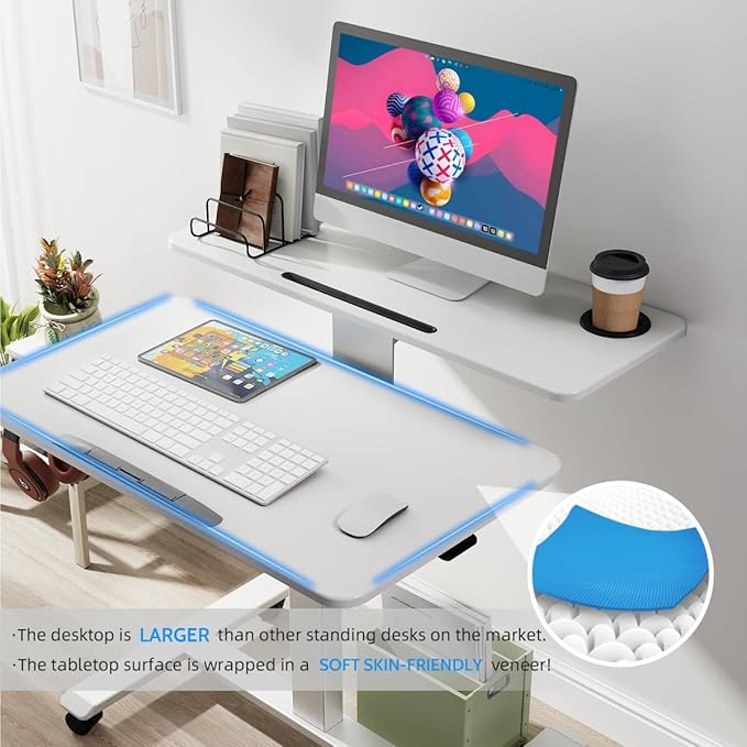 Pneumatic Standing Desk with Wheels - Adjustable Height 28" - 46" & 0-90° Tilt, 31.5" x 17.7" Skin-Feel Desktop, Rolling Computer Desk for Home Office, Hospital, School (White)