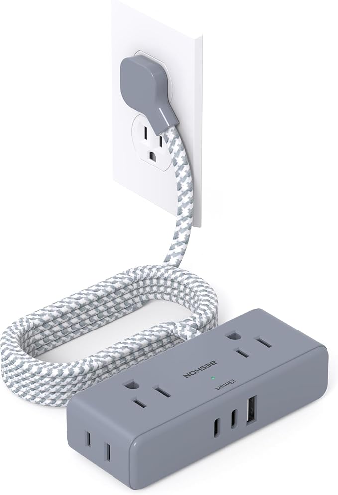 Extension Cord 15 ft, BESHON Flat Plug Power Strip, Long Power Strip, 4 Widely Outlets with 3 USB Ports (2 USB C), Extension Cord with Multiple Outlets for Home, Office, Dorm Room Essentials Gray