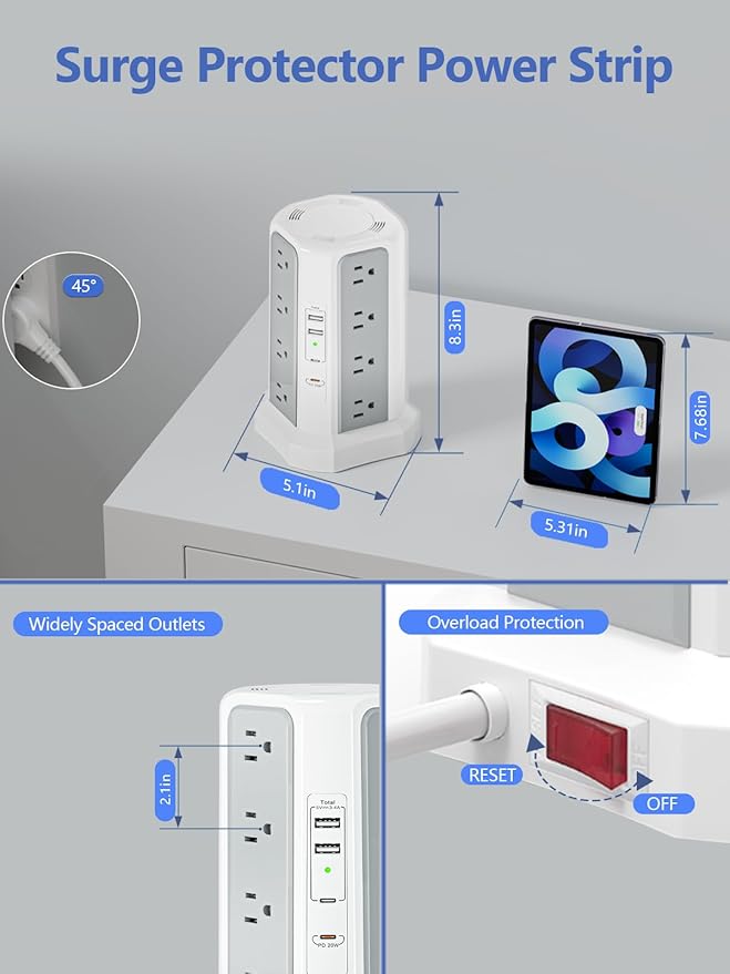 Surge Protector Power Strip Tower,10FT Long Extension Cord with Multiple Outlets 1625W 13A, Desk Charging Station with 16 Outlets and 4 USB Ports for Home, Office Desk Supplies, Dorm Room