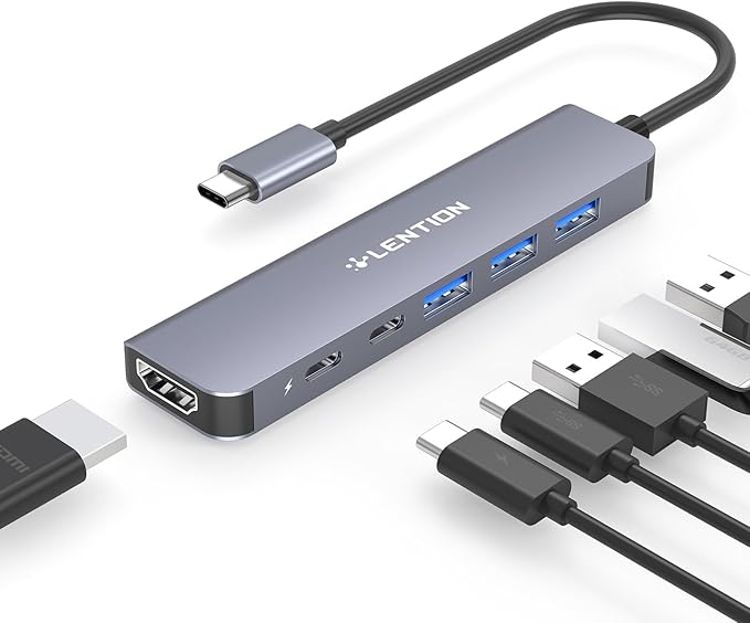 LENTION USB C Hub, Multiport with 4K HDMI Port, 3xUSB-A Ports, USB-C Data Port, 100W PD Port, Compatible New MacBook Pro/Air, iPhone 15 Pro/Pro Max, Surface, Chromebook, More(CE35s, Gray)