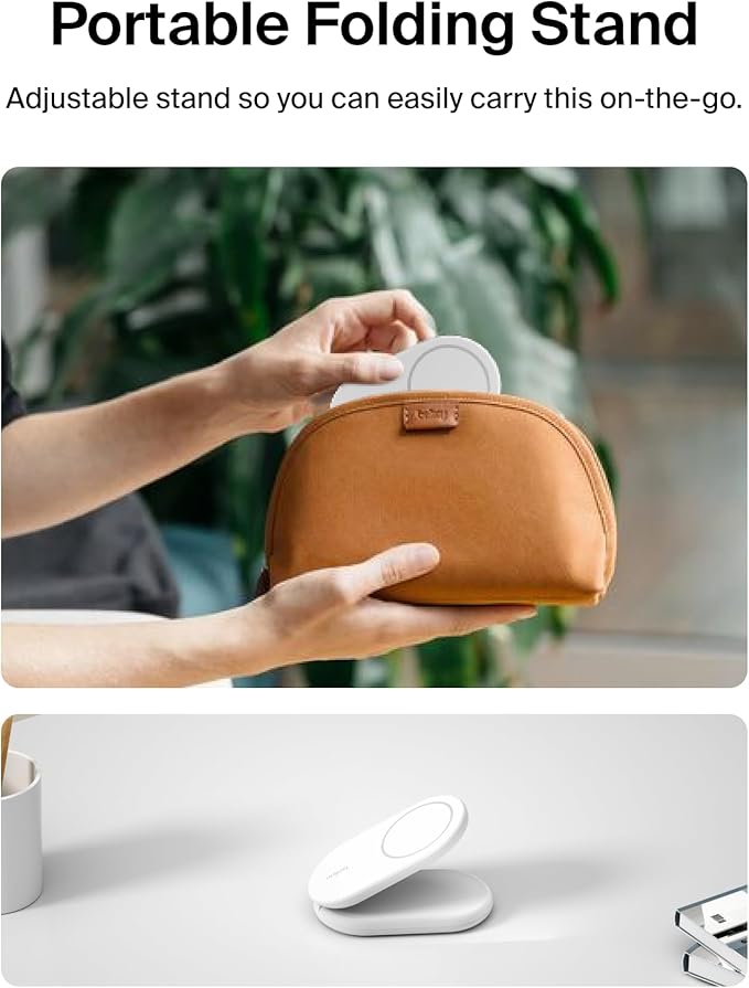 Belkin MagSafe-Compatible Charger, 2-in-1 Magnetic Foldable Charger 15W - Qi2-Certified Wireless Charging for Apple iPhone 16, Apple Watch, Samsung Galaxy S25 w/Non-Slip Base, PSU Included - White