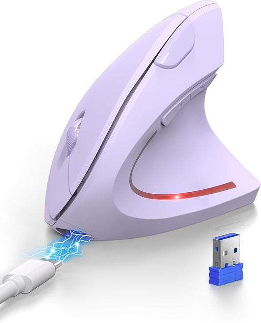 TECKNET Ergonomic Mouse, Rechargeable 2.4G+Bluetooth Vertical Mice 6 DPI Adjustable, Wireless Optical Carpal Tunnel Mouse for Right Hand, Silent 6 Buttons for Laptop, PC, MacBook, iPad - Light Purple