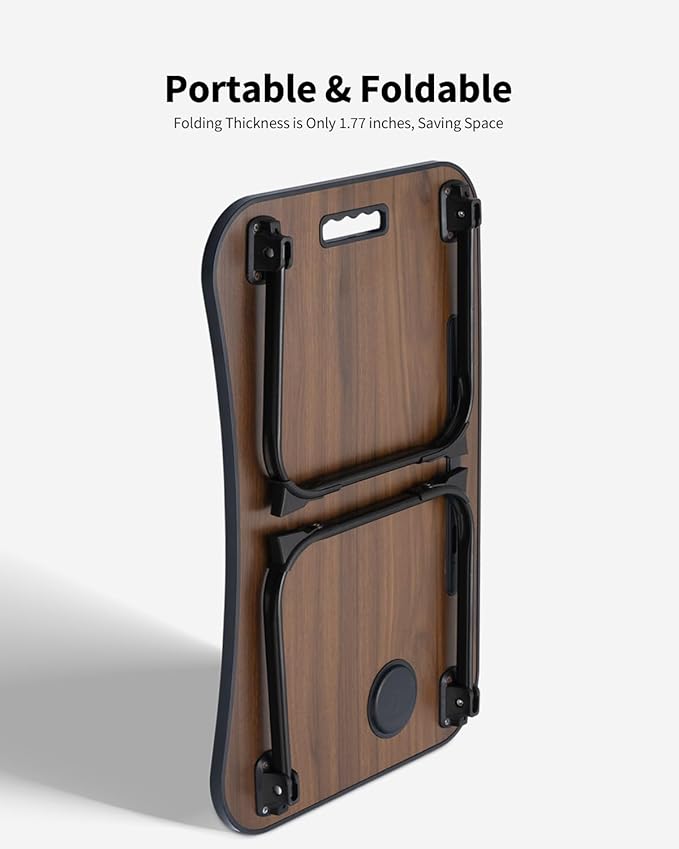 Foldable Lap Desk, Laptop Bed Desk, Portable Lap Table, Laptop Bed Table with Cup Holder & Tablet Slot & Lifting Handle for Working Writing Drawing & Eating - Walnut Brown