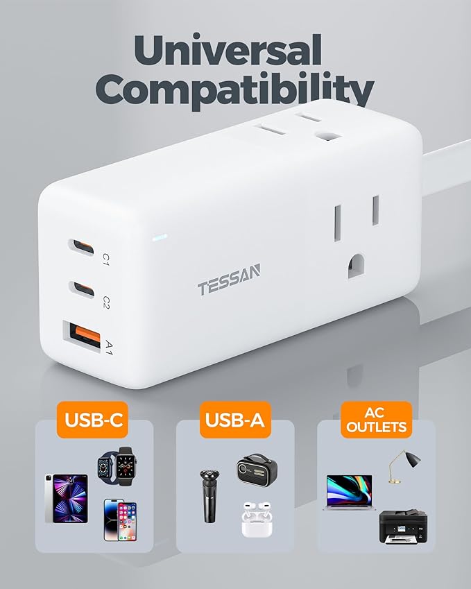 TESSAN USB Charging Station PD 30W, Flat Plug USB C Charger Blocks with 3 AC Outlets, Desktop Phone Fast Charger with 5FT Extension Cord for Phone Tablet Laptop, Travel, Office (Pack of 2)