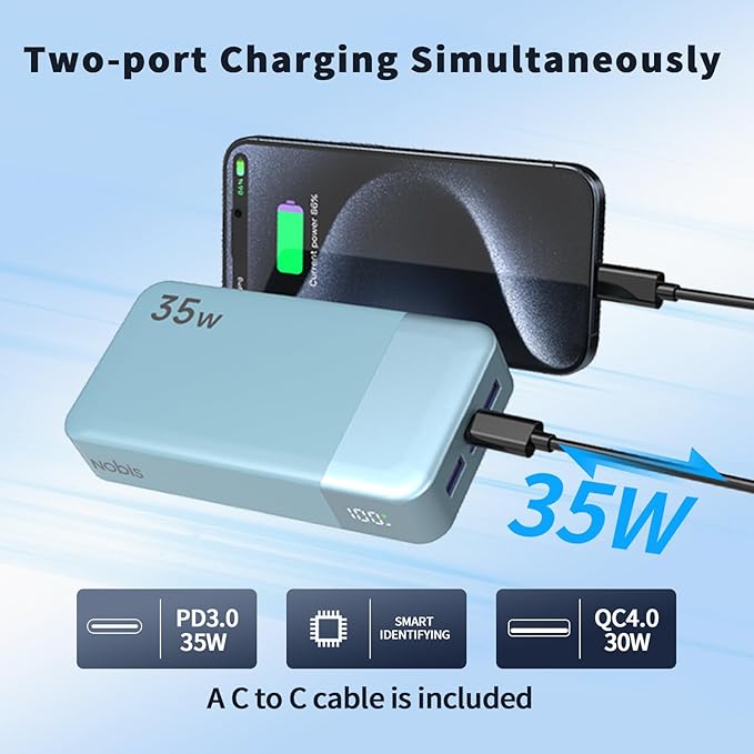 NOBIS Portable Charger, 20000mAh Power Bank, 35W Power Bank Fast Charging, Battery Pack with C to C Cable, Battery Bank with Digital Display for Phone Android etc