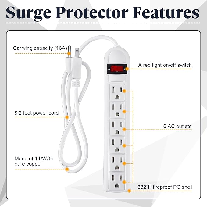 Hoteam 10 Pcs Power Strip Bulk 6 Outlet Surge Protector Power Cord Electrical Extension Cord with Switch Low Profile Plug Flat for Home Office(8.2 ft,White)