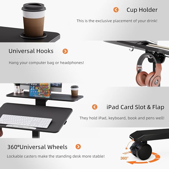 Pneumatic Standing Desk with Wheels - Adjustable Height 28" - 46" & 0-90° Tilt, 31.5" x 17.7" Skin-Feel Desktop, Rolling Computer Desk for Home Office, Hospital, School (Black)