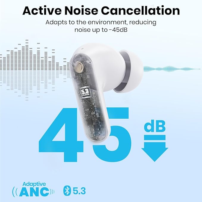 Bluetooth Headphones 5.3 Wireless Earbuds 2-in-1 Case and Phone Stand Noise Cancelling Earbuds Powerful Bass in-Ear Bluetooth 70H Playtime 35dB Hybrid ANC Waterproof for Sports/Workout White