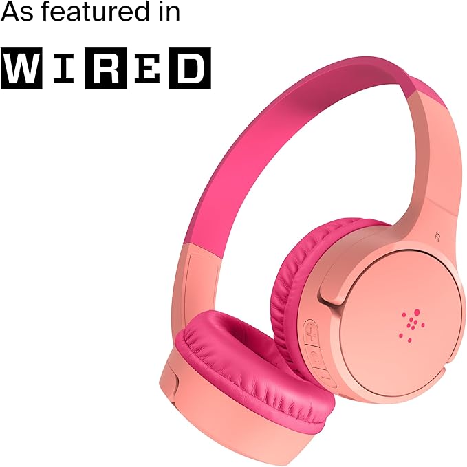 Belkin SoundForm Mini Kids Wired Headphones with Built-in Microphone & Fun Stickers, 85dB Safe Volume Limit – for Online Learning, Travel, Compatible w/iPhone 15, iPad, Galaxy S23, & More - Pink