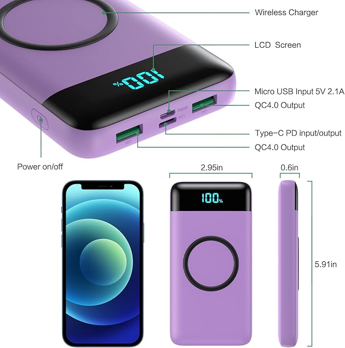 Wireless Portable Charger 30,800mAh 15W Wireless Charging 25W PD QC4.0 Fast Charging Smart LED Display USB-C Power Bank,4 Output& 2 Input External Battery Pack Compatible with iPhone, Samsung -Purple